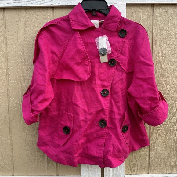 Chico's Women's 100% Linen Cropped Trench Jacket 3/4 Sleeve Pink Size 1 Small/8 - Picture 1 of 6